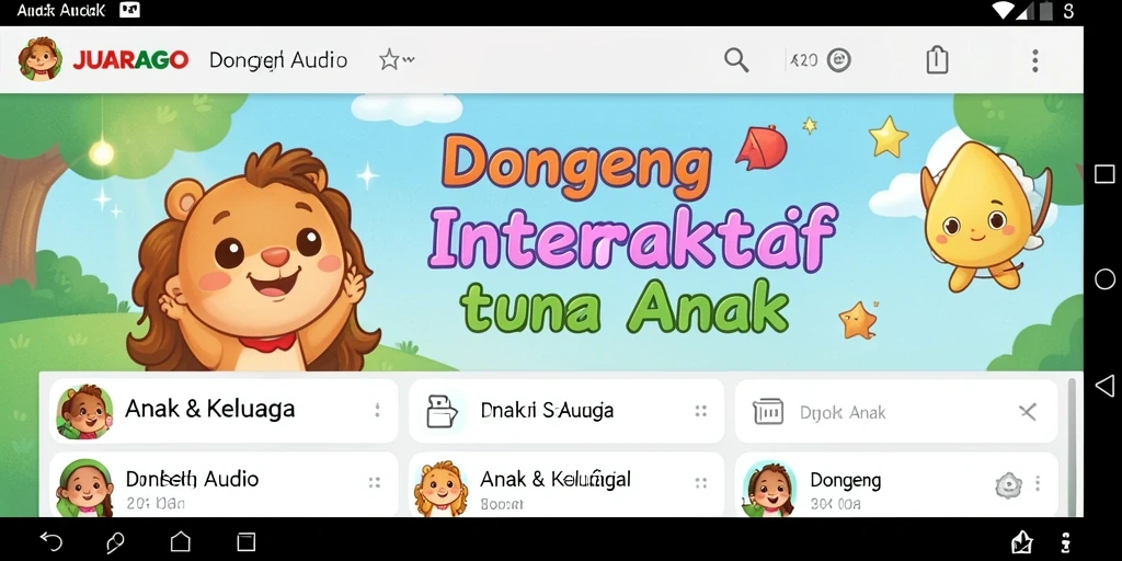 Antarmuka JUARAGO menampilkan pilihan dongeng audio yang menarik.